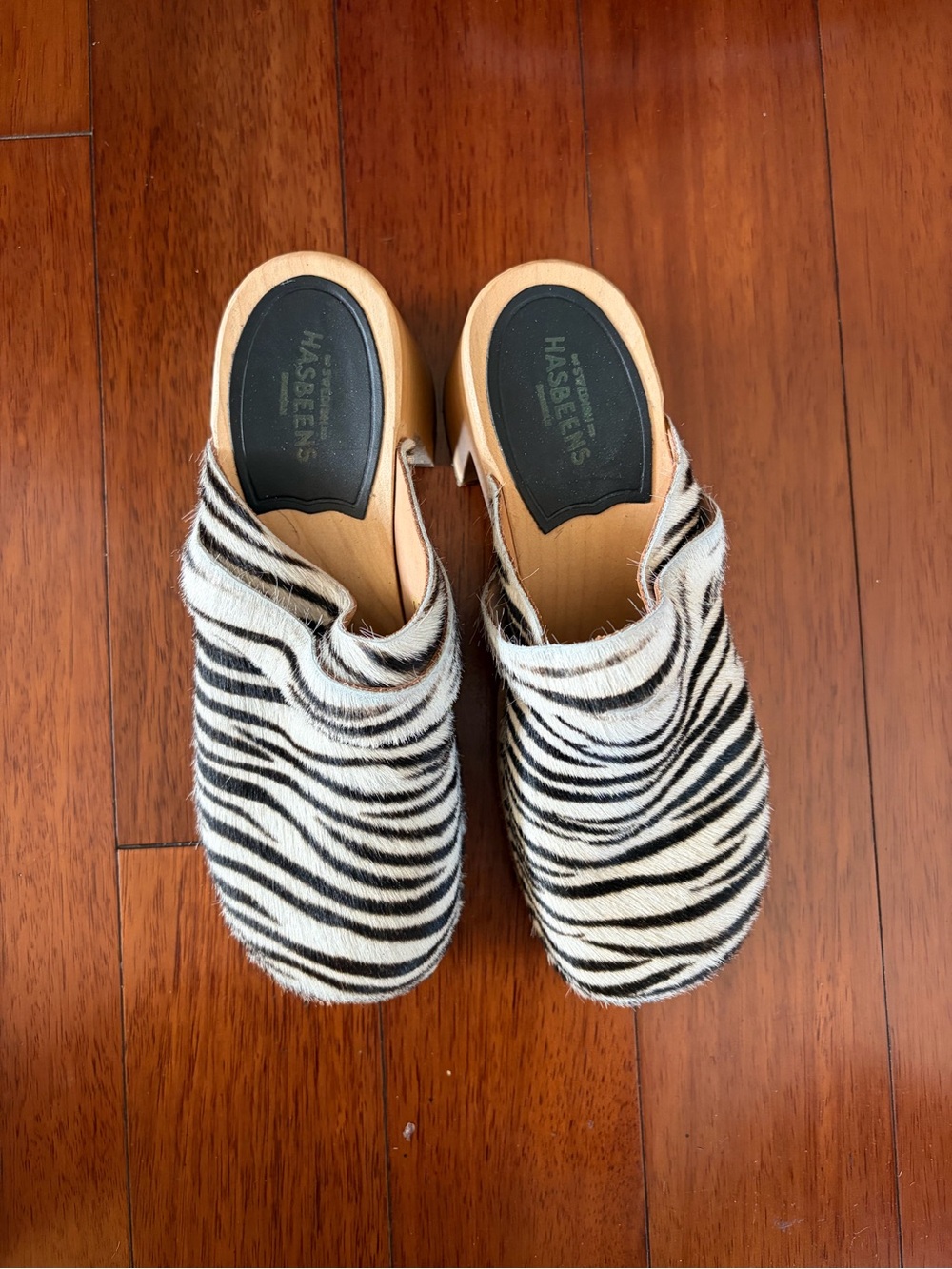 Swedish Hasbeens Zebra Print Pony Hair Clogs in Black and White